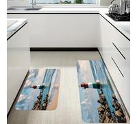 RLDOBOFE Sea Lighthouse Sandbeach Kitchen Mats Set of 2 Cushioned Anti-Fatigue Non-Slip Kitchen Runner Rugs Comfort Foam Standing Mat Absorbent Floor Rug for Office Sink Home Laundry