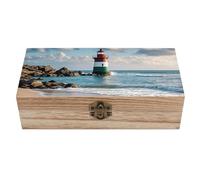 RLDOBOFE Sea Lighthouse Sandbeach Wooden Keepsake Box with Lids Wood Storage Box with A Hinged Lid Decorative Boxes Table Large Rectangular Organizer Container for Jewelry Photos Craft