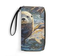 RLDOBOFE Sea Otters Painting PU Leather Wallet with Rope, Zip Multi-Layer Pocket Card Holder, Small Purse for Men And Women