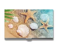 RLDOBOFE Seashell Starfish on Beach Business Card Holder, Slim Aluminum Alloy Card Case, Pocket Name Card Organizer Holder Wallet for Woman, Man, Pocket Or Bag Storage, Office Workers