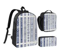 RLDOBOFE Set of Blue Embroidery Backpack Set 3 PCS - 17 Inch Laptop Backpack with Lunch Bag, Waterproof Daypack Insulated Lunch Box Large Capacity Coin Pouch Personalized Gift