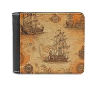 RLDOBOFE Ship And Compass Wallet Passcase for Men, Extra Capacity Bifold Leather Wallets with ID Windows, Slim Stylish Wallet for Gift, Blocking Money Clip for Cards, Coin Pouch