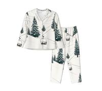 RLDOBOFE Ski Lift With Fir Tree Womens Pajamas Set 2 Piece Long Sleeve Sleepwear Fashion Button Down Soft Pjs Lounge Set Black