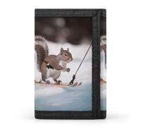 RLDOBOFE Skiing Squirrel Trifold Wallet Minimalist Mens Wallet with Key Hook 8 Card Slots Modern Stylish Polyester Security Wallets Fashion Slim Credit Card Holder Id Window