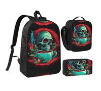 RLDOBOFE Skull Smoking Backpack Set 3 PCS - 17 Inch Laptop Backpack with Lunch Bag, Waterproof Daypack Insulated Lunch Box Large Capacity Coin Pouch Personalized Gift