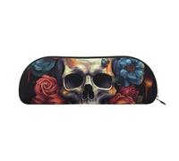 RLDOBOFE Skull Surrounded By Flowers Pencil Pouch Leather,Small Pen Bags With Zipper For Pencils,Pens,Markers,Makeups,Change,Coins