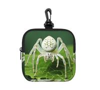 RLDOBOFE Small Neoprene Pouch, Mini Portable Makeup Bag With Carabiner Keychain Waterproof Travel Coin Purse Storage Bag White Spider Detail Clutch Cosmetic Organizer For Women