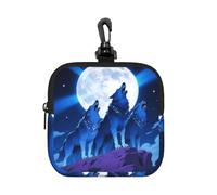 RLDOBOFE Small Neoprene Pouch, Mini Portable Makeup Bag With Carabiner Keychain Waterproof Travel Coin Purse Storage Bag Blue Wolf Moon Clutch Cosmetic Organizer For Women