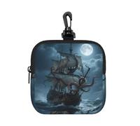RLDOBOFE Small Neoprene Pouch, Mini Portable Makeup Bag With Carabiner Keychain Waterproof Travel Coin Purse Storage Bag Octopus Kraken Pirate Ship Ocean Clutch Cosmetic Organizer For Women