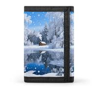 RLDOBOFE Snow Forest Cabin Trifold Wallet Minimalist Mens Wallet with Key Hook 8 Card Slots Modern Stylish Polyester Security Wallets Fashion Slim Credit Card Holder Id Window