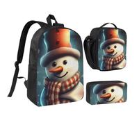RLDOBOFE Snowman Wearing Hat Backpack Set 3 PCS - 17 Inch Laptop Backpack with Lunch Bag, Waterproof Daypack Insulated Lunch Box Large Capacity Coin Pouch Personalized Gift