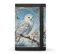 RLDOBOFE Snowy Owl Cornus Trifold Wallet Minimalist Mens Wallet with Key Hook 8 Card Slots Modern Stylish Polyester Security Wallets Fashion Slim Credit Card Holder Id Window