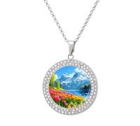 RLDOBOFE Spring Scenery by The Lake Pendant Necklace for Women Charm Diamond Circle Necklaces with 20 Inch Chain Cute Diamond Jewelry Necklaces for Birthday Christmas Valentine's Day Gift
