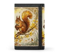 RLDOBOFE Squirrel Forsythia Branch Trifold Wallet Minimalist Mens Wallet with Key Hook 8 Card Slots Modern Stylish Polyester Security Wallets Fashion Slim Credit Card Holder Id Window