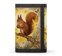 RLDOBOFE Squirrel Ginkgo Branch Trifold Wallet Minimalist Mens Wallet with Key Hook 8 Card Slots Modern Stylish Polyester Security Wallets Fashion Slim Credit Card Holder Id Window