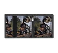 RLDOBOFE Steam Train Trifold Wallet Minimalist Mens Wallet with Key Hook 8 Card Slots Modern Stylish Polyester Security Wallets Fashion Slim Credit Card Holder Id Window