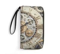 RLDOBOFE Steampunk Gears Clock PU Leather Wallet with Rope, Zip Multi-Layer Pocket Card Holder, Small Purse for Men And Women