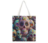 RLDOBOFE Sugar Skull Canvas Tote Bags, Reusable Grocery Bag with Handle, Shoulder Bag for Shopping Beach Storage Travel Gift