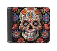 RLDOBOFE Sugar Skulls Wallet Passcase for Men, Extra Capacity Bifold Leather Wallets with ID Windows, Slim Stylish Wallet for Gift, Blocking Money Clip for Cards, Coin Pouch
