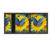 RLDOBOFE Sunflower Blue Butterfly Trifold Wallet Minimalist Mens Wallet with Key Hook 8 Card Slots Modern Stylish Polyester Security Wallets Fashion Slim Credit Card Holder Id Window