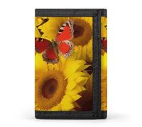 RLDOBOFE Sunflowers with Butterfly Trifold Wallet Minimalist Mens Wallet with Key Hook 8 Card Slots Modern Stylish Polyester Security Wallets Fashion Slim Credit Card Holder Id Window