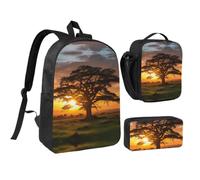 RLDOBOFE Sunrise on Big Tree Backpack Set 3 PCS - 17 Inch Laptop Backpack with Lunch Bag, Waterproof Daypack Insulated Lunch Box Large Capacity Coin Pouch Personalized Gift