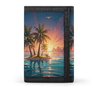RLDOBOFE Sunrise Palm Tree Island Trifold Wallet Minimalist Mens Wallet with Key Hook 8 Card Slots Modern Stylish Polyester Security Wallets Fashion Slim Credit Card Holder Id Window