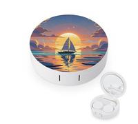 RLDOBOFE Sunset And Sailboat Round Contact Lens Case, Portable Contact Lens Box with Mirror, Compact Holder Container for Daily Makeup Office Travel Outdoor