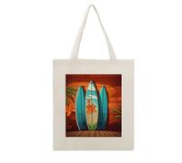 RLDOBOFE Surfboard on Wooden Print Canvas Tote Bag Reusable Grocery Bag Lightweight Shopping Cloth Bags with Long Handles Aesthetic Cute Shoulder Bags for Women Lady Casual Vacation
