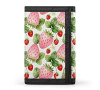 RLDOBOFE Sweet Strawberry Trifold Wallet Minimalist Mens Wallet with Key Hook 8 Card Slots Modern Stylish Polyester Security Wallets Fashion Slim Credit Card Holder Id Window