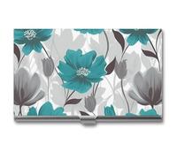 RLDOBOFE Teal Grey And White Floral Business Card Holder, Slim Aluminum Alloy Card Case, Pocket Name Card Organizer Holder Wallet for Woman, Man, Pocket Or Bag Storage, Office Workers