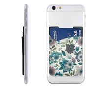 RLDOBOFE Teal Grey And White Floral Phone Wallet, Stick On Card Holder for Back of Phone Case - Leather Cell Phone Card Wallet Sleeve Adhesive Phone Pocket - Compatible with Most Cell Phones