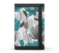 RLDOBOFE Teal Grey And White Floral Wallet for Men, Extra Capacity Trifold Wallet for Women, Foldable Money Clip with ID Window for Pocket, Credit Card Holder, Personalized Wallets for Travel