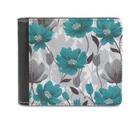 RLDOBOFE Teal Grey And White Floral Wallet Passcase for Men, Extra Capacity Bifold Leather Wallets with ID Windows, Slim Stylish Wallet for Gift, Blocking Money Clip for Cards, Coin Pouch