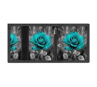 RLDOBOFE Teal Grey Rose Trifold Wallet Minimalist Mens Wallet with Key Hook 8 Card Slots Modern Stylish Polyester Security Wallets Fashion Slim Credit Card Holder Id Window