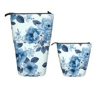 RLDOBOFE Telescopic Pencil Case Standing Pencil bag Blue Flower Floral Pattern Roses1 Stationery Case Telescopic Pen Holder Pop up Pencil Holder for Office work Holiday gift 7 Ã- 5.7 in, Blue Flower