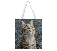 RLDOBOFE The Cat Is Looking Up Canvas Tote Bags, Reusable Grocery Bag with Handle, Shoulder Bag for Shopping Beach Storage Travel Gift
