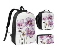 RLDOBOFE Three Purple Flowers Backpack Set 3 PCS - 17 Inch Laptop Backpack with Lunch Bag, Waterproof Daypack Insulated Lunch Box Large Capacity Coin Pouch Personalized Gift