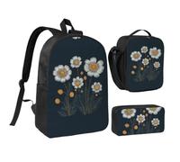 RLDOBOFE Three White Flowers Backpack Set 3 PCS - 17 Inch Laptop Backpack with Lunch Bag, Waterproof Daypack Insulated Lunch Box Large Capacity Coin Pouch Personalized Gift