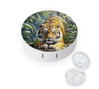 RLDOBOFE Tiger in Jungle Round Contact Lens Case, Portable Contact Lens Box with Mirror, Compact Holder Container for Daily Makeup Office Travel Outdoor
