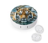 RLDOBOFE Tiger Swims in The Water Round Contact Lens Case, Portable Contact Lens Box with Mirror, Compact Holder Container for Daily Makeup Office Travel Outdoor