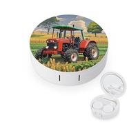 RLDOBOFE Tractor Theme Round Contact Lens Case, Portable Contact Lens Box with Mirror, Compact Holder Container for Daily Makeup Office Travel Outdoor
