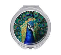 RLDOBOFE Travel Blue Peacock Makeup Mirror Round Compact Pocket Mirror 2X /1x Magnifying Small Metal Foldable Handheld Portable Cosmetic Mirrors Unique Gift for Women Mother