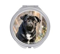 RLDOBOFE Travel Cute Black Pug Dog Makeup Mirror Round Compact Pocket Mirror 2X /1x Magnifying Small Metal Foldable Handheld Portable Cosmetic Mirrors Unique Gift for Women Mother