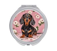 RLDOBOFE Travel Dachshund Florals Makeup Mirror Round Compact Pocket Mirror 2X /1x Magnifying Small Metal Foldable Handheld Portable Cosmetic Mirrors Unique Gift for Women Mother