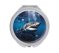 RLDOBOFE Travel Great White Shark Makeup Mirror Round Compact Pocket Mirror 2X /1x Magnifying Small Metal Foldable Handheld Portable Cosmetic Mirrors Unique Gift for Women Mother