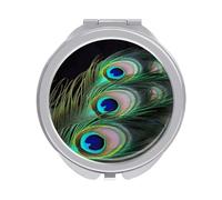 RLDOBOFE Travel Green Peacock Feather Makeup Mirror Round Compact Pocket Mirror 2X /1x Magnifying Small Metal Foldable Handheld Portable Cosmetic Mirrors Unique Gift for Women Mother