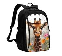 RLDOBOFE Travel Laptop Backpack Business Backpack for Men Women Cute Giraffe with Daisy Flowers Travel Backpack with USB Charging Port