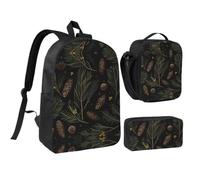 RLDOBOFE Trees and Pine Needles Backpack Set 3 PCS - 17 Inch Laptop Backpack with Lunch Bag, Waterproof Daypack Insulated Lunch Box Large Capacity Coin Pouch Personalized Gift