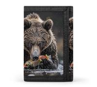 RLDOBOFE Trifold Bear Eats Fish Wallet Minimalist Slim Mens Wallet with Zipper & Key Ring Polyester Stylish Wallets 8 Multiple Credit Card Holder for Daily Use Work Travel